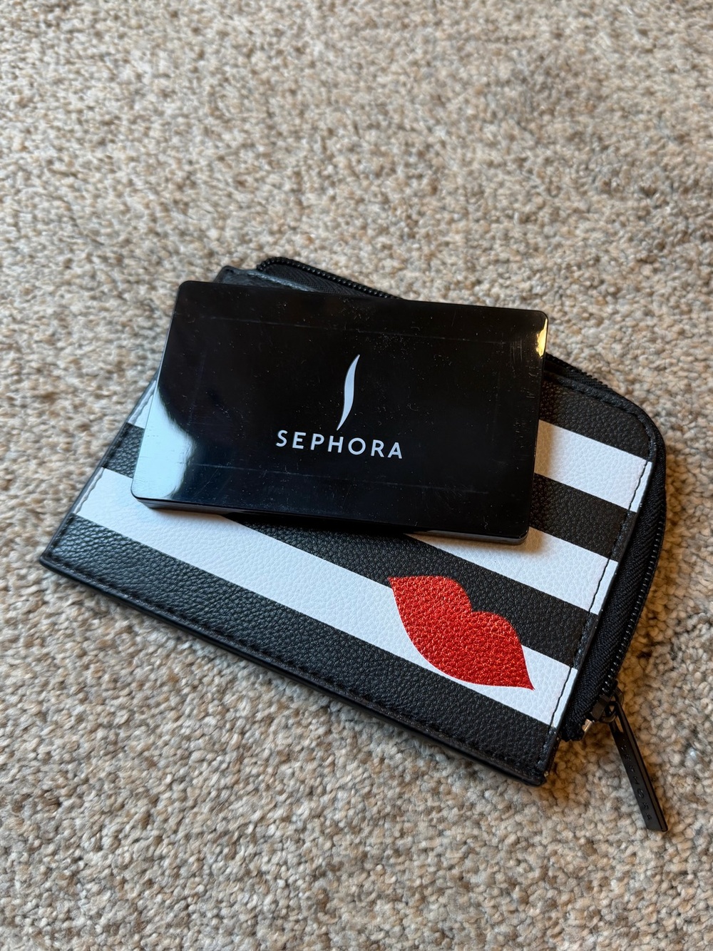 Sephora Black & White Striped Card Pouch with Red Lip